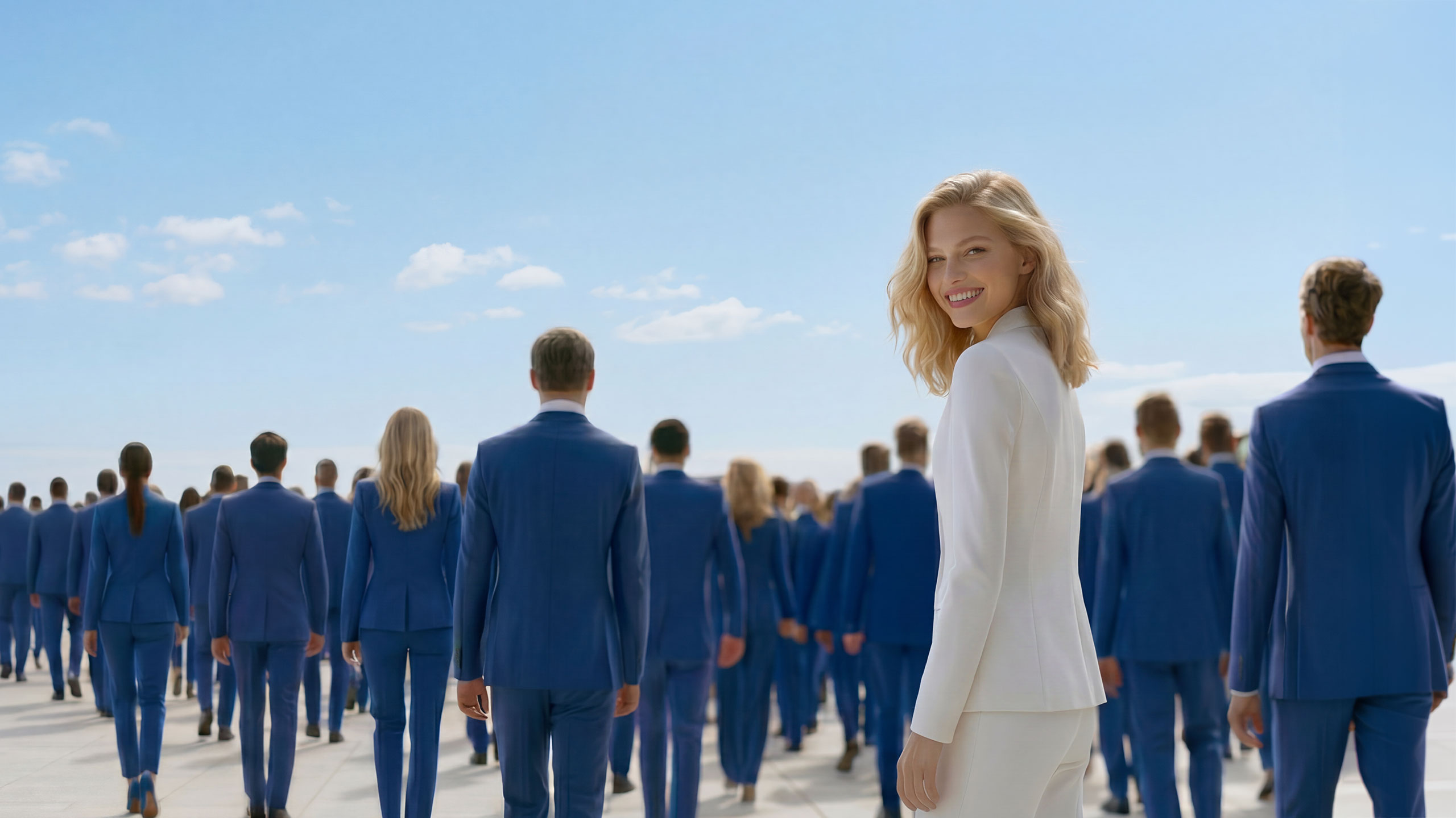 A smiling blonde professional woman in a white suit turns back to face the camera, standing out from a crowd of people in blue suits walking under a bright blue sky.
